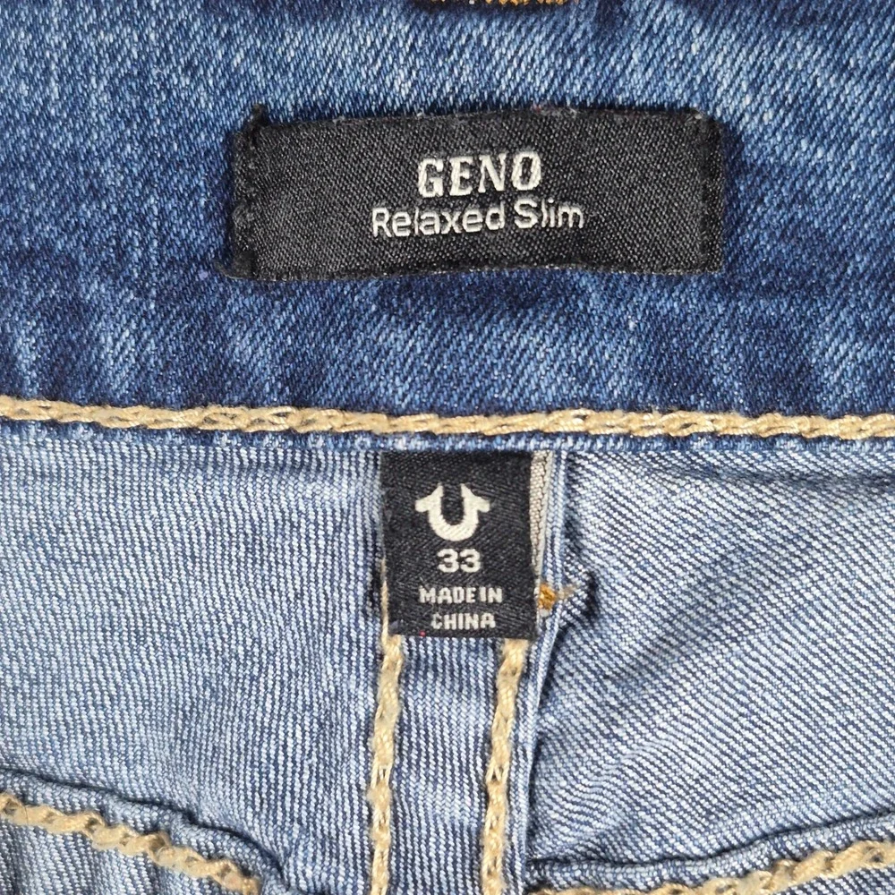 True Religion Geno Relaxed Slim Jeans Mens 33 Blue Gold Stitch Flap Pocket